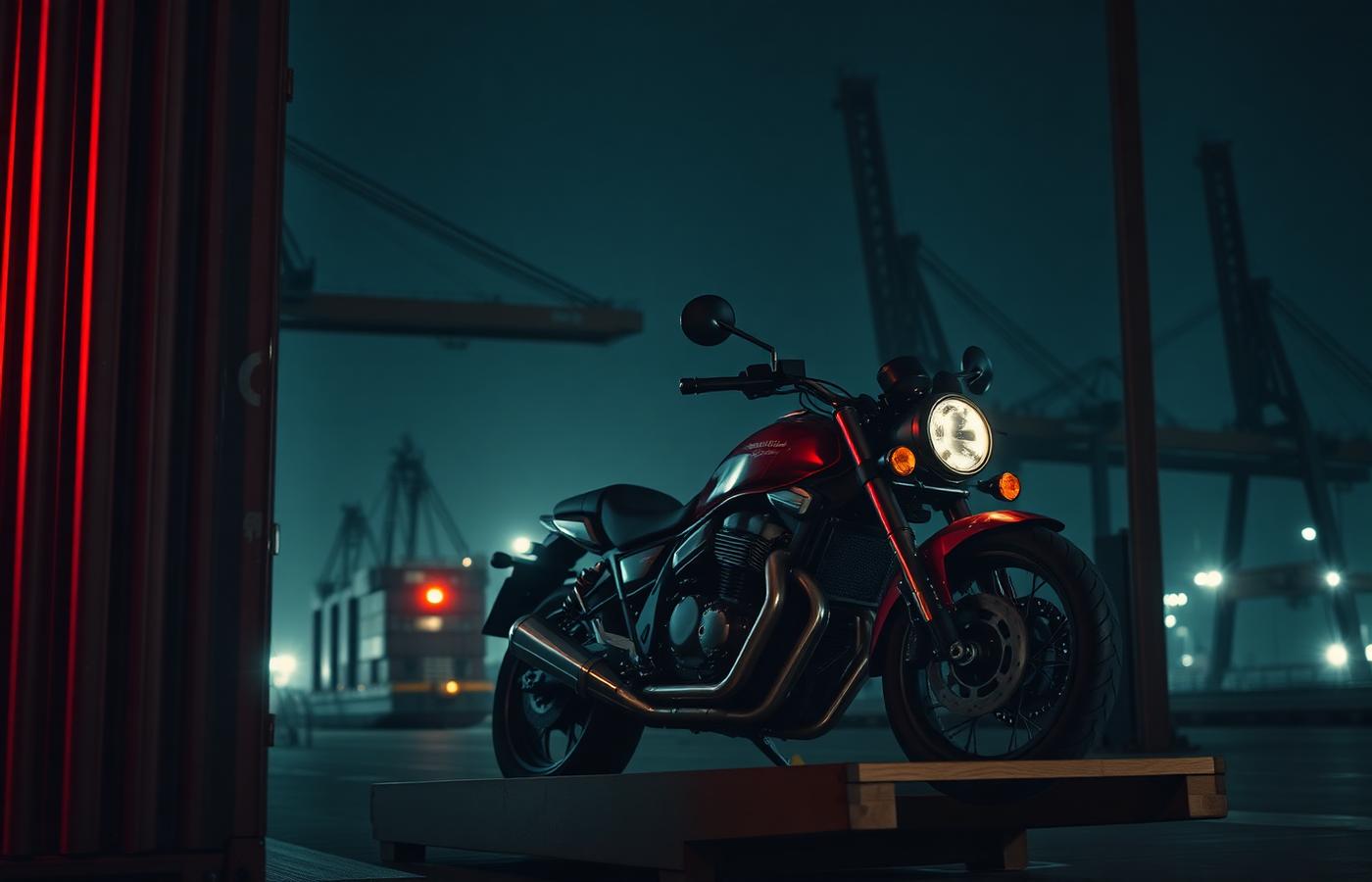 Moto lista para ser enviada a Cuba en un contenedor